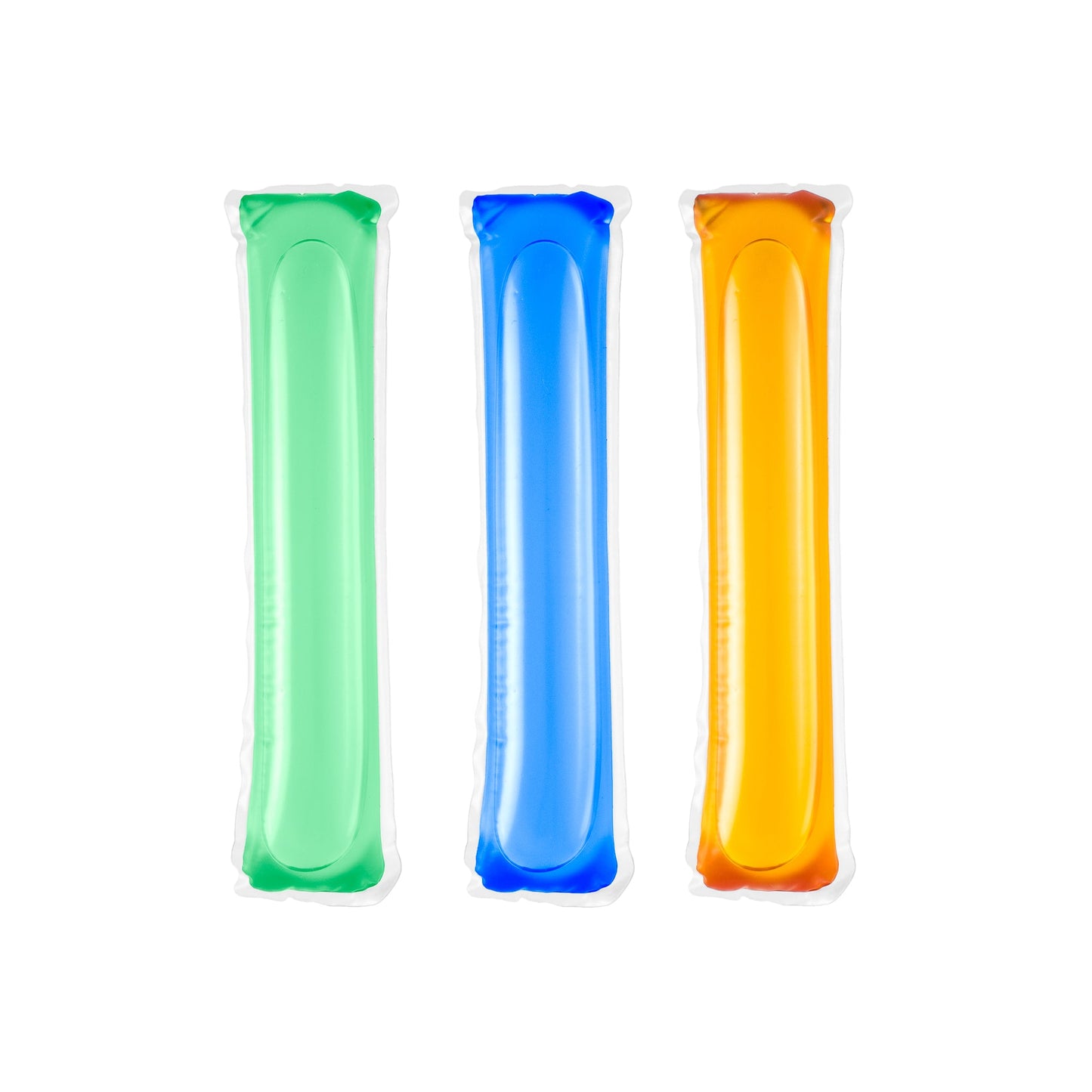 Three colorful inflatable ecyo cleaning pods in green, blue, and orange on a white background