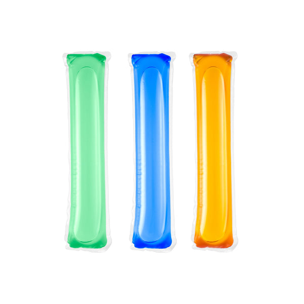 Three colorful inflatable ecyo cleaning pods in green, blue, and orange on a white background