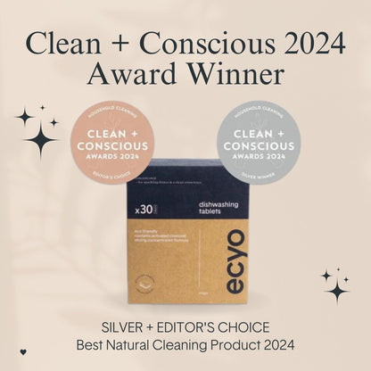 ecyo dishwashing tablets package with Clean + Conscious 2024 Award text on a beige background