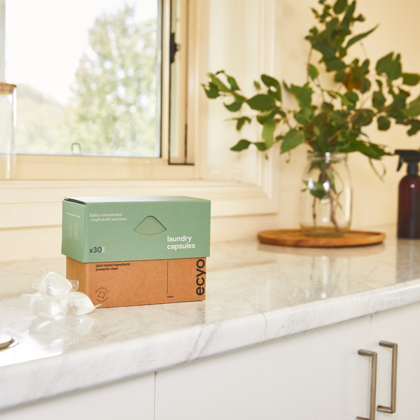 Eco laundry capsules brown box on the kitchen bench
