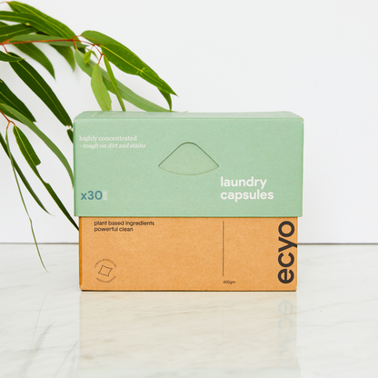 Box of Ecyo laundry capsules with a plant in the background