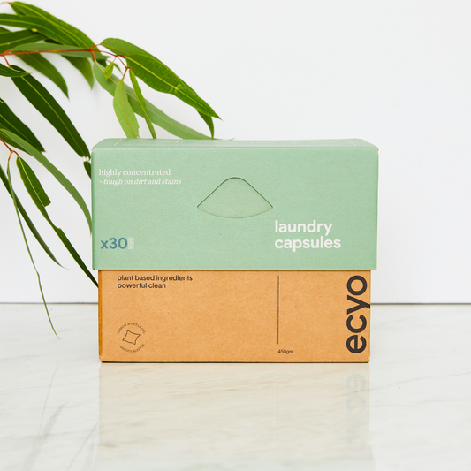 Box of Ecyo laundry capsules with a plant in the background