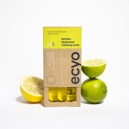 ecyo kitchen degreaser cleaning pods packaging with lemons and limes on a white background
