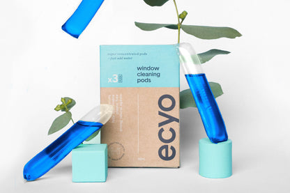 Ecyo window cleaning pods with packaging on a white background