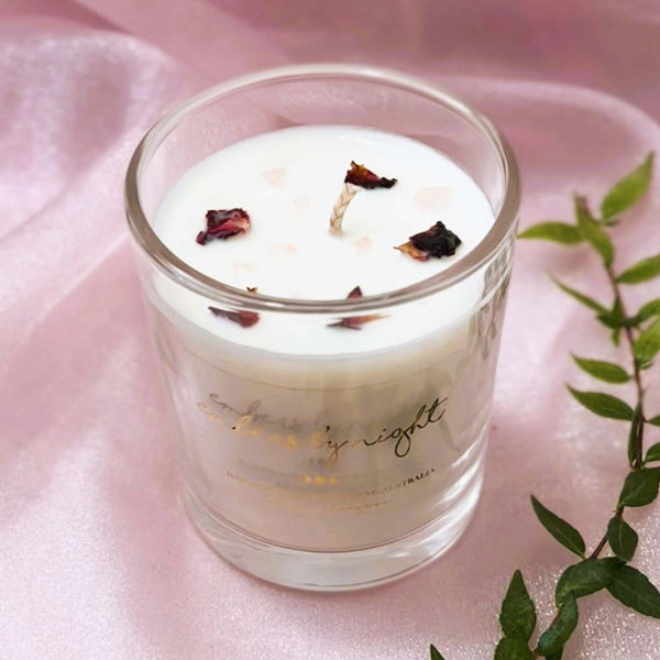 Embers By Night Crystal Infused Candle - Lychee Peony - Tilted View