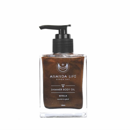 Ananda Life Estella Shimmer Body Oil with golden chocolate shimmer and nourishing botanical oils