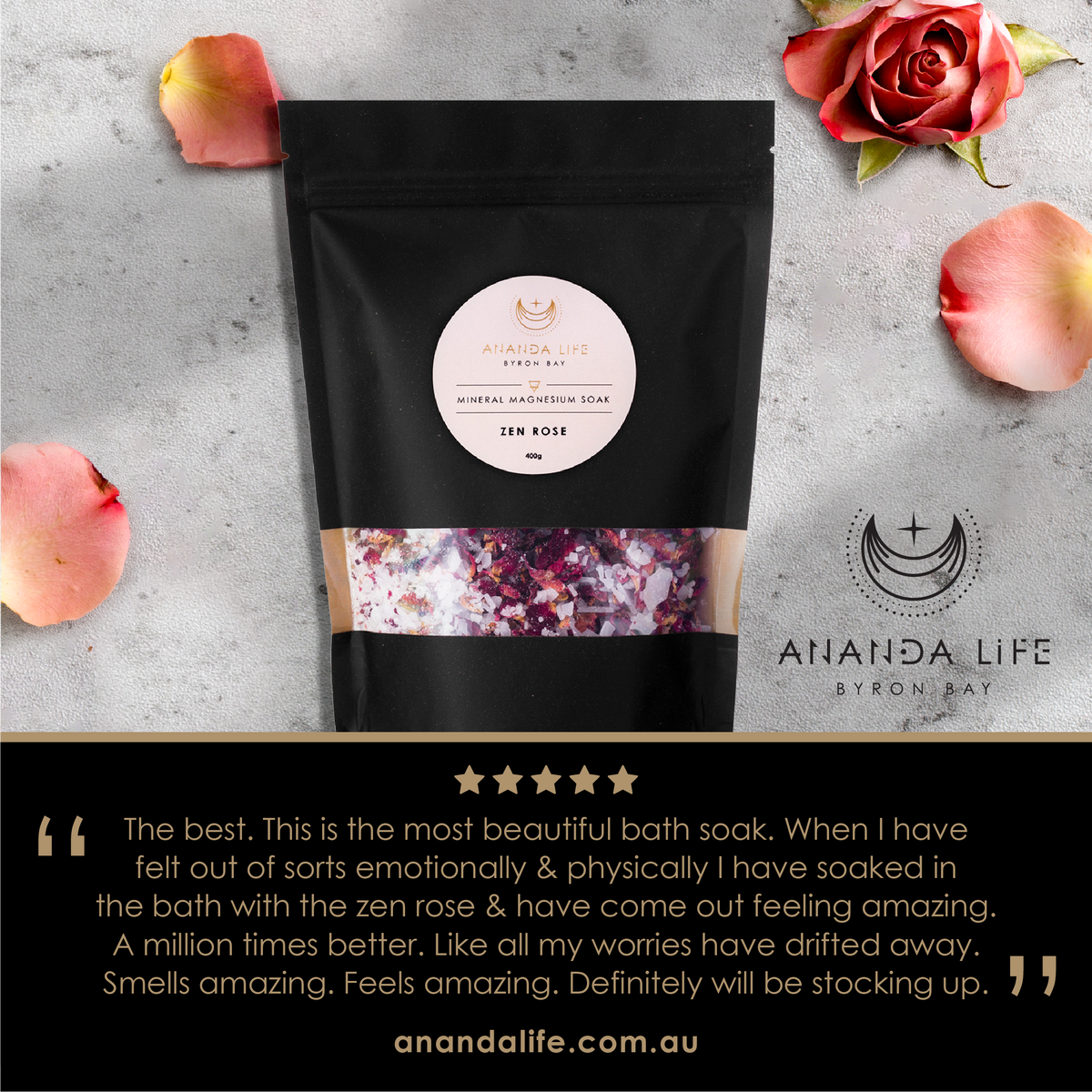 Ananda Life Magnesium Bath Soak - ZEN ROSE - 400g
