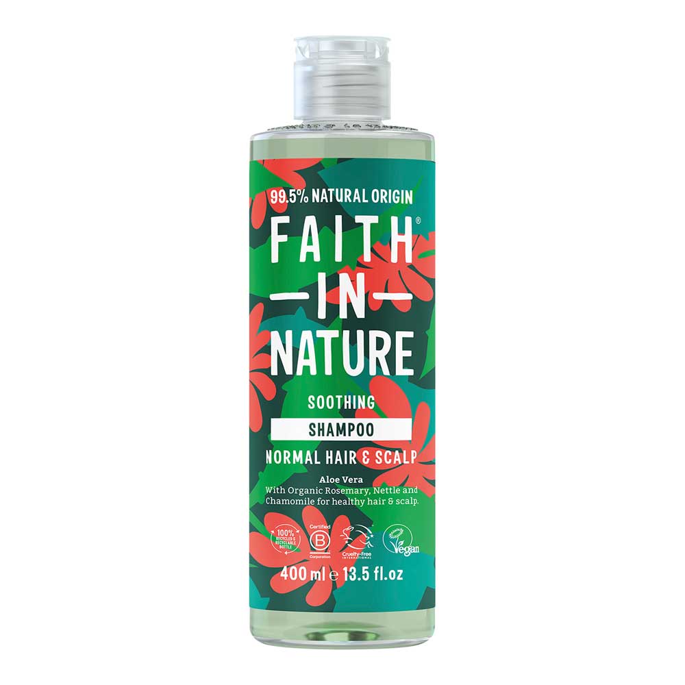 Bottle of Faith In Nature shampoo with a green label on a white background