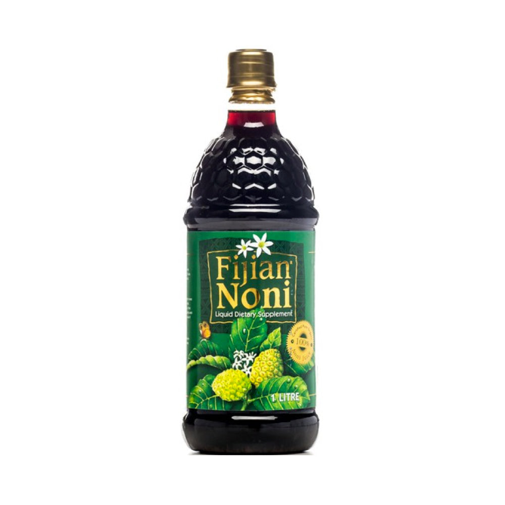 Bottle of Fijian Noni liquid dietary supplement on a white background