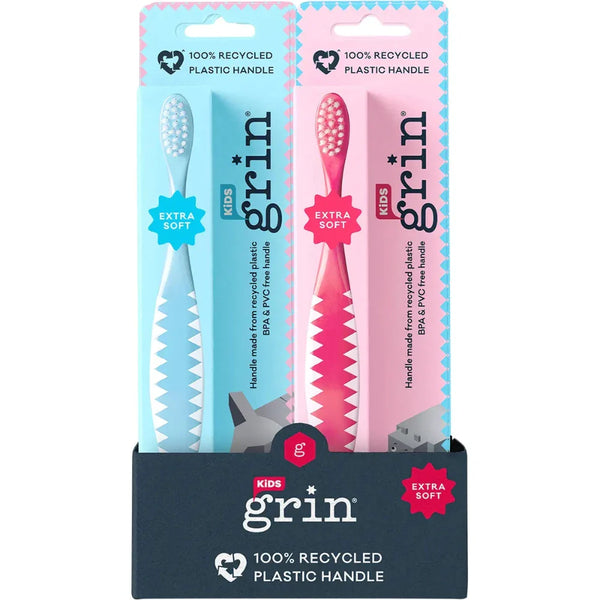 GRIN 100% Recycled Toothbrush Kids Extra Soft Pink & Blue - 8 Pack - L'Organic