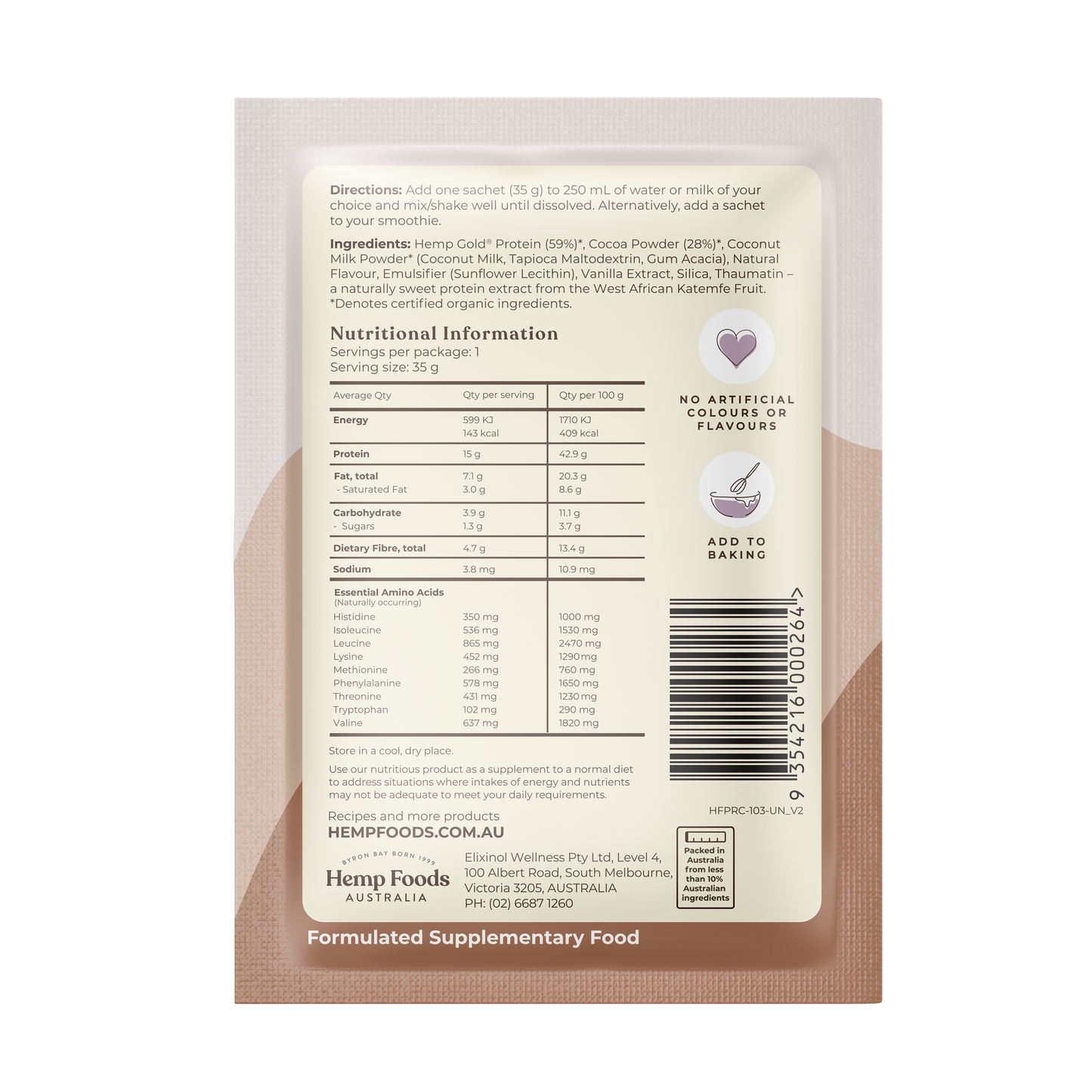 Hemp Foods Aus Organic Hemp Protein Shake Chocolate - 7 x 35g Sachets - L'Organic