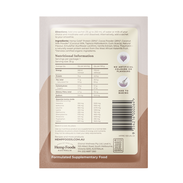 Hemp Foods Aus Organic Hemp Protein Shake Chocolate - 7 x 35g Sachets - L'Organic