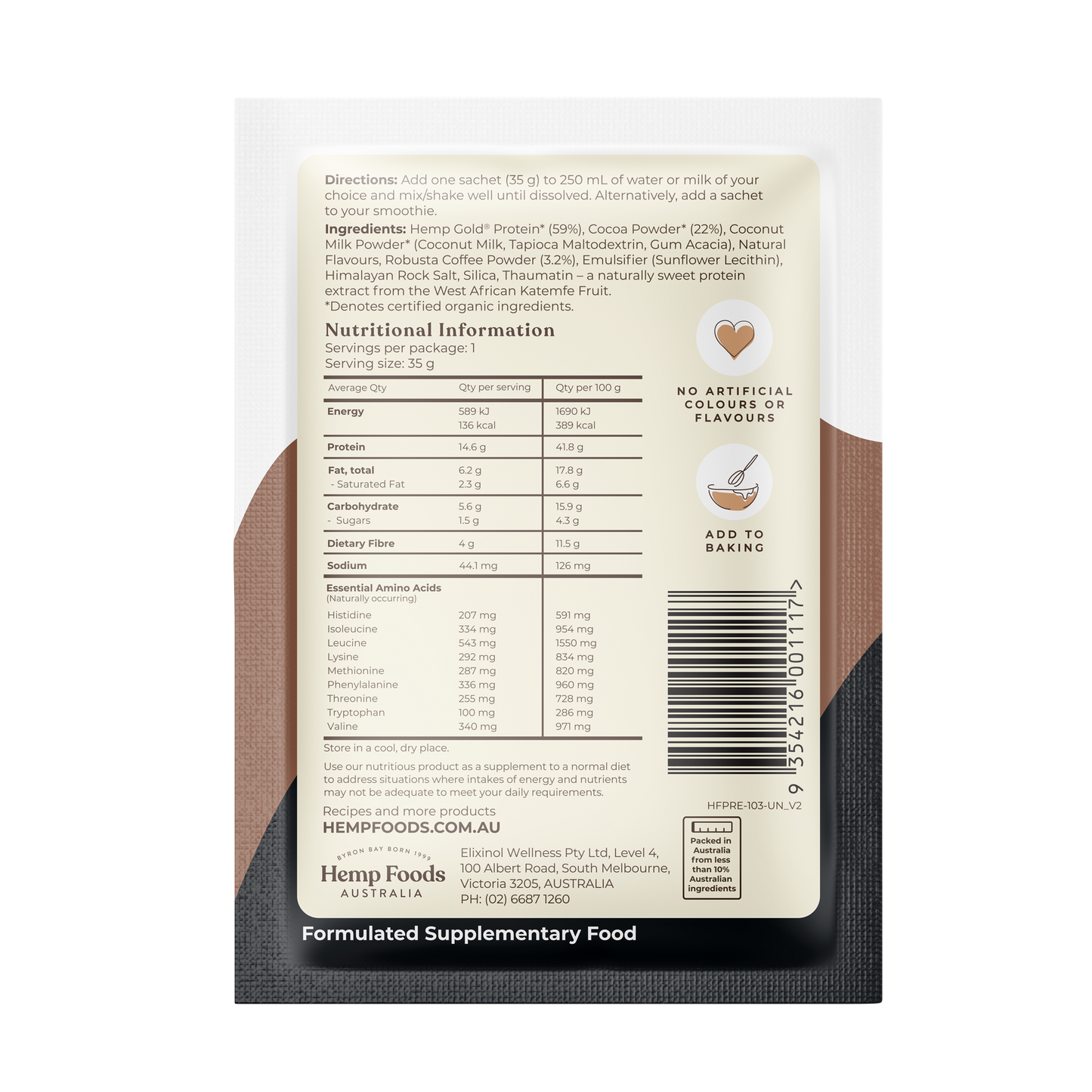 Hemp Foods Aus Hemp Protein Shake Chocolate Espresso - 7 x 35g Sachets - L'Organic