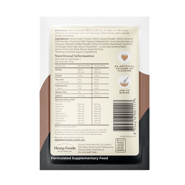 Hemp Foods Aus Hemp Protein Shake Chocolate Espresso - 7 x 35g Sachets - L'Organic