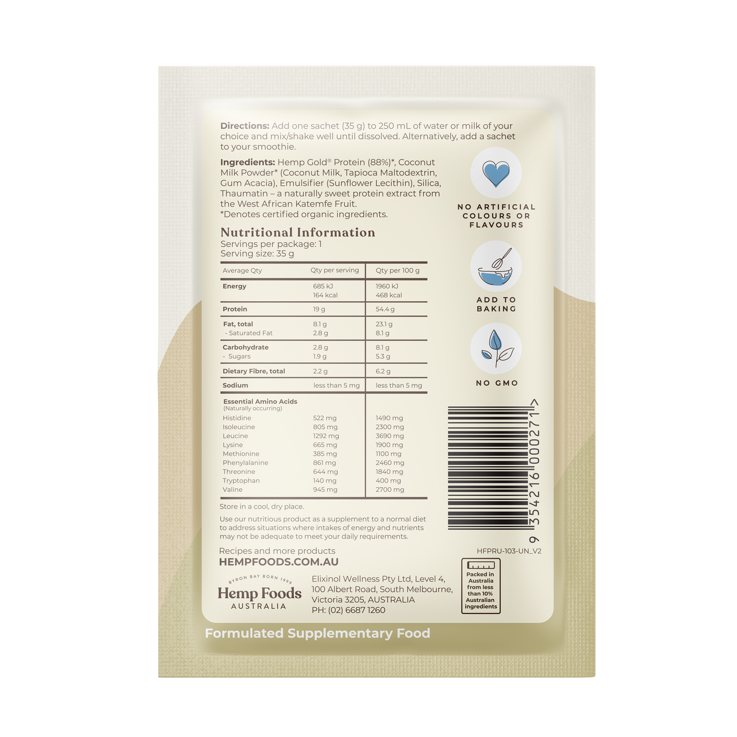 Hemp Foods Aus Organic Hemp Protein Shake Natural - 7 x 35g Sachets - L'Organic