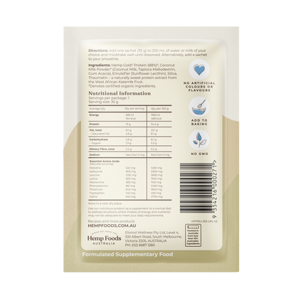 Hemp Foods Aus Organic Hemp Protein Shake Natural - 7 x 35g Sachets - L'Organic
