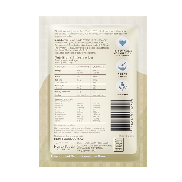 Hemp Foods Aus Organic Hemp Protein Shake Natural - 7 x 35g Sachets - L'Organic