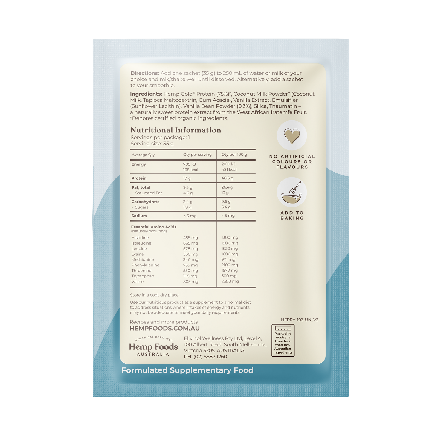Hemp Foods Aus Organic Hemp Protein Shake Vanilla - 7 x 35g Sachets - L'Organic