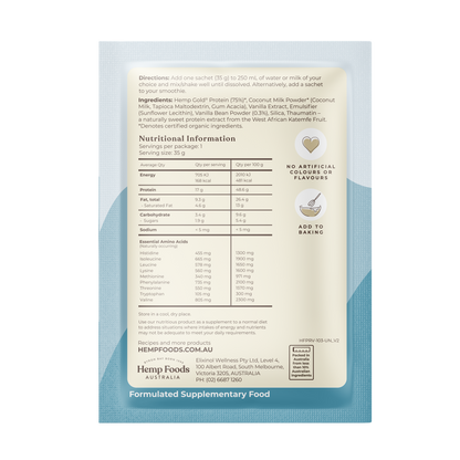 Hemp Foods Aus Organic Hemp Protein Shake Vanilla - 7 x 35g Sachets - L'Organic