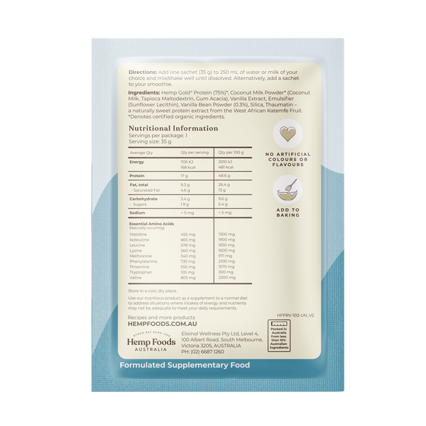 Hemp Foods Aus Organic Hemp Protein Shake Vanilla - 7 x 35g Sachets - L'Organic