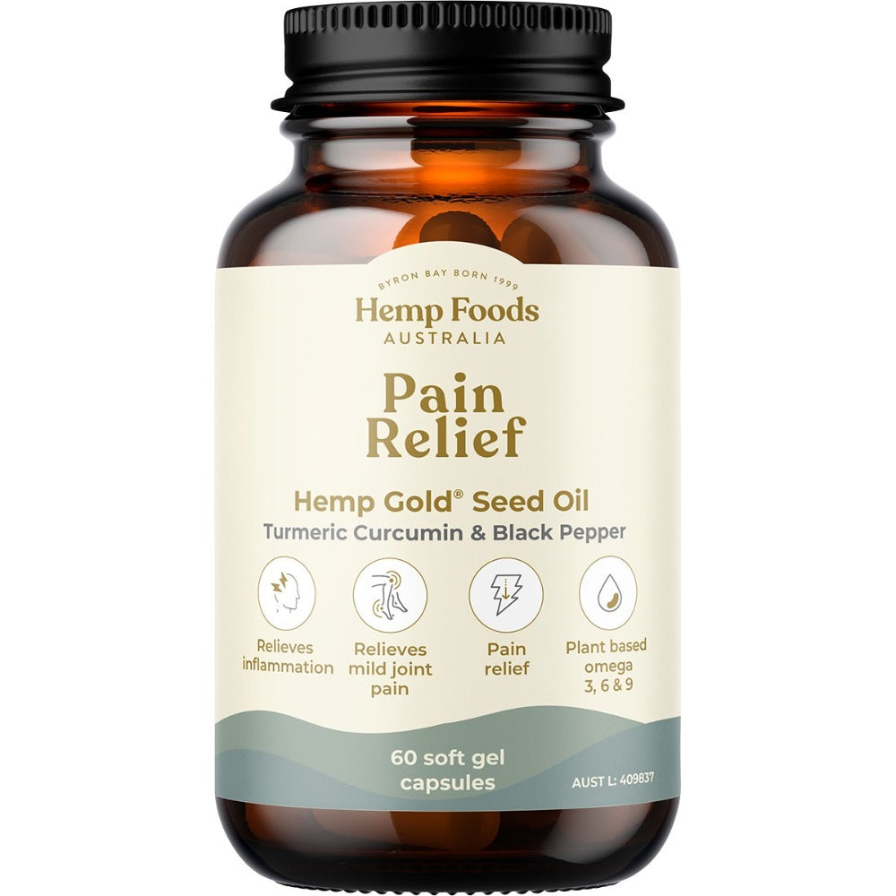 HEMP FOODS AUSTRALIA Pain Relief Capsules with Hemp Gold Seed Oil x 60 soft gel capsules - L'Organic