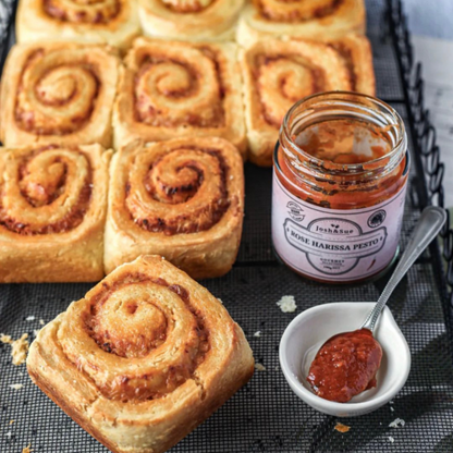 Josh&Sue Rose Harissa Pesto Serving suggestions, cheesy and Rose Harissa Pesto Scrolls