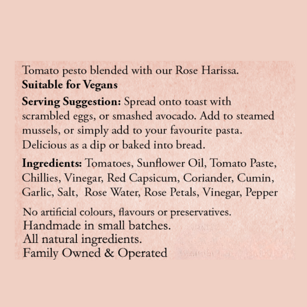 Josh&Sue Rose Harissa Pesto Serving suggestions and ingredients