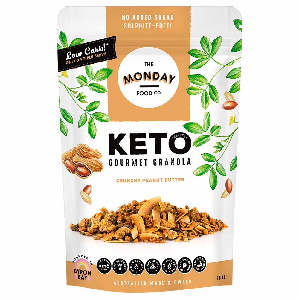 Keto gourmet granola packaging with brand logo and product details on a white background