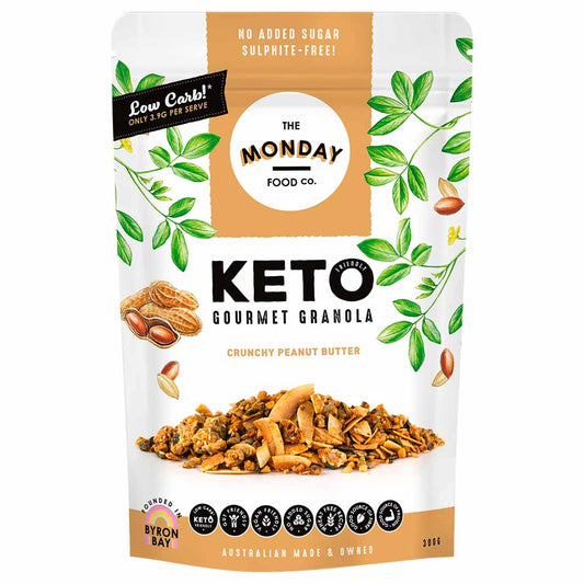 Keto gourmet granola packaging with brand logo and product details on a white background