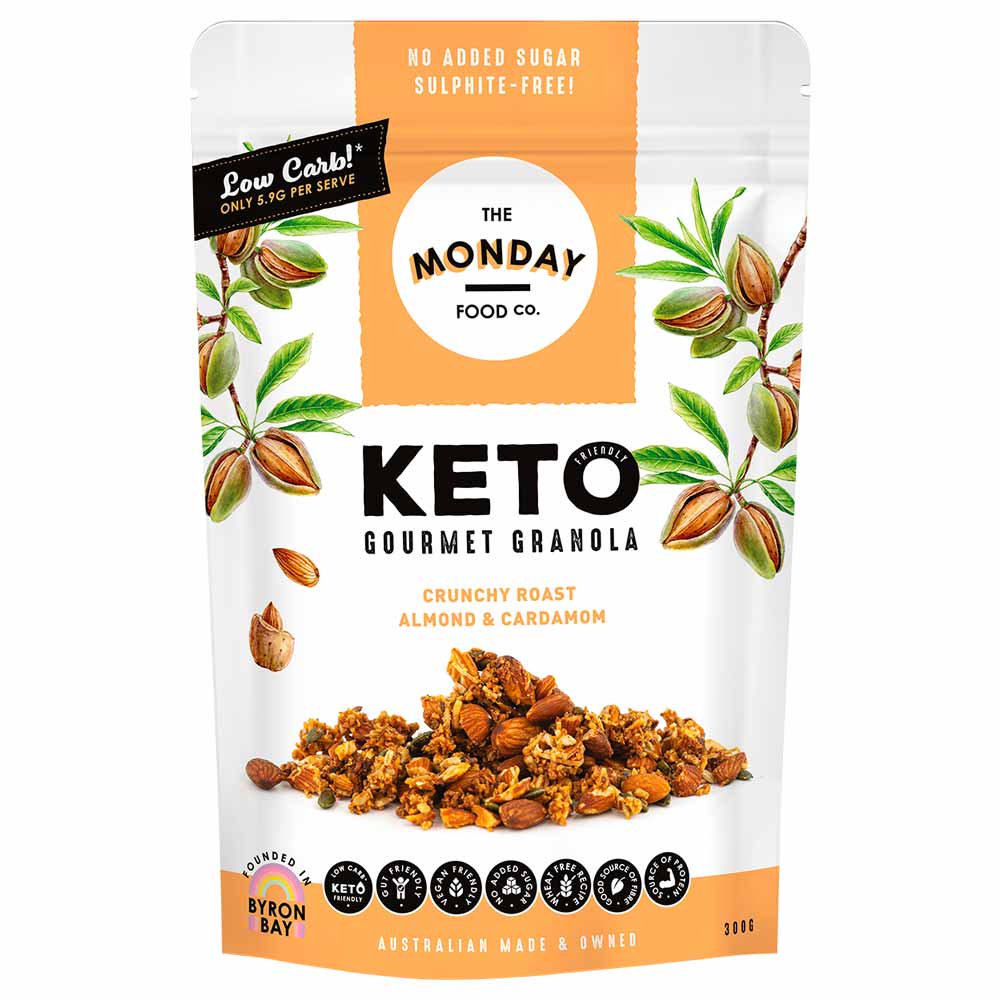 Keto gourmet granola package with brand logo and product image on a white background