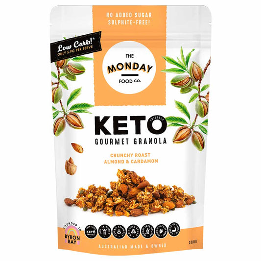 Keto gourmet granola package with brand logo and product image on a white background