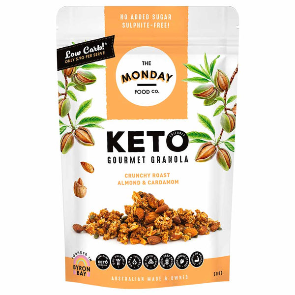 Keto gourmet granola package with brand logo and product image on a white background