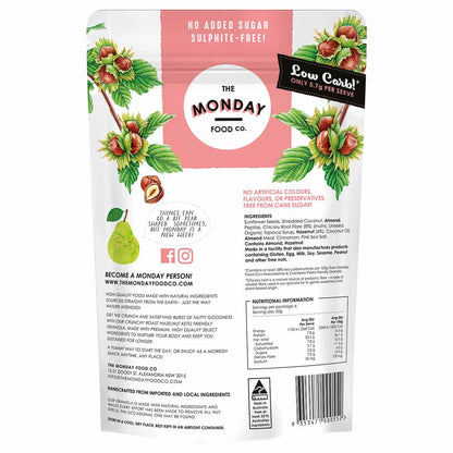 Back of a packaging for The Monday Food Co. product with branding and nutritional information.