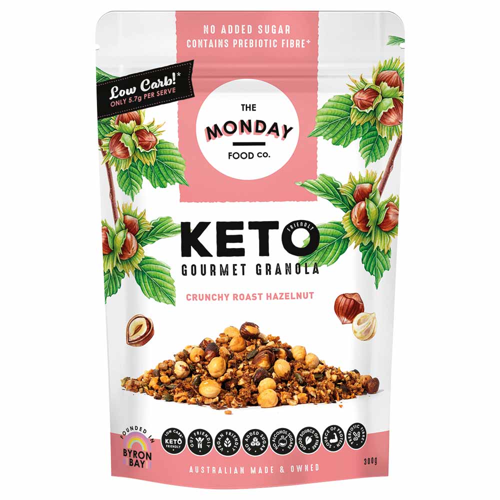 Keto gourmet granola packaging with brand logo and product image on a white background