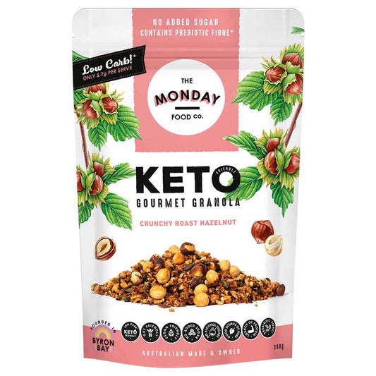 Keto gourmet granola packaging with brand logo and product image on a white background