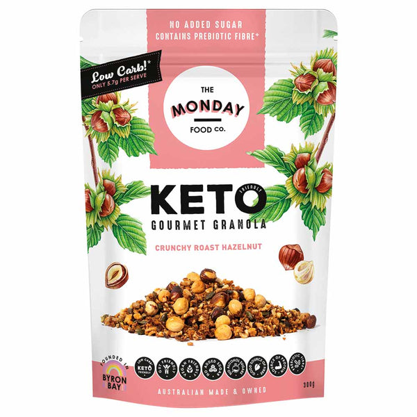 Keto gourmet granola packaging with brand logo and product image on a white background