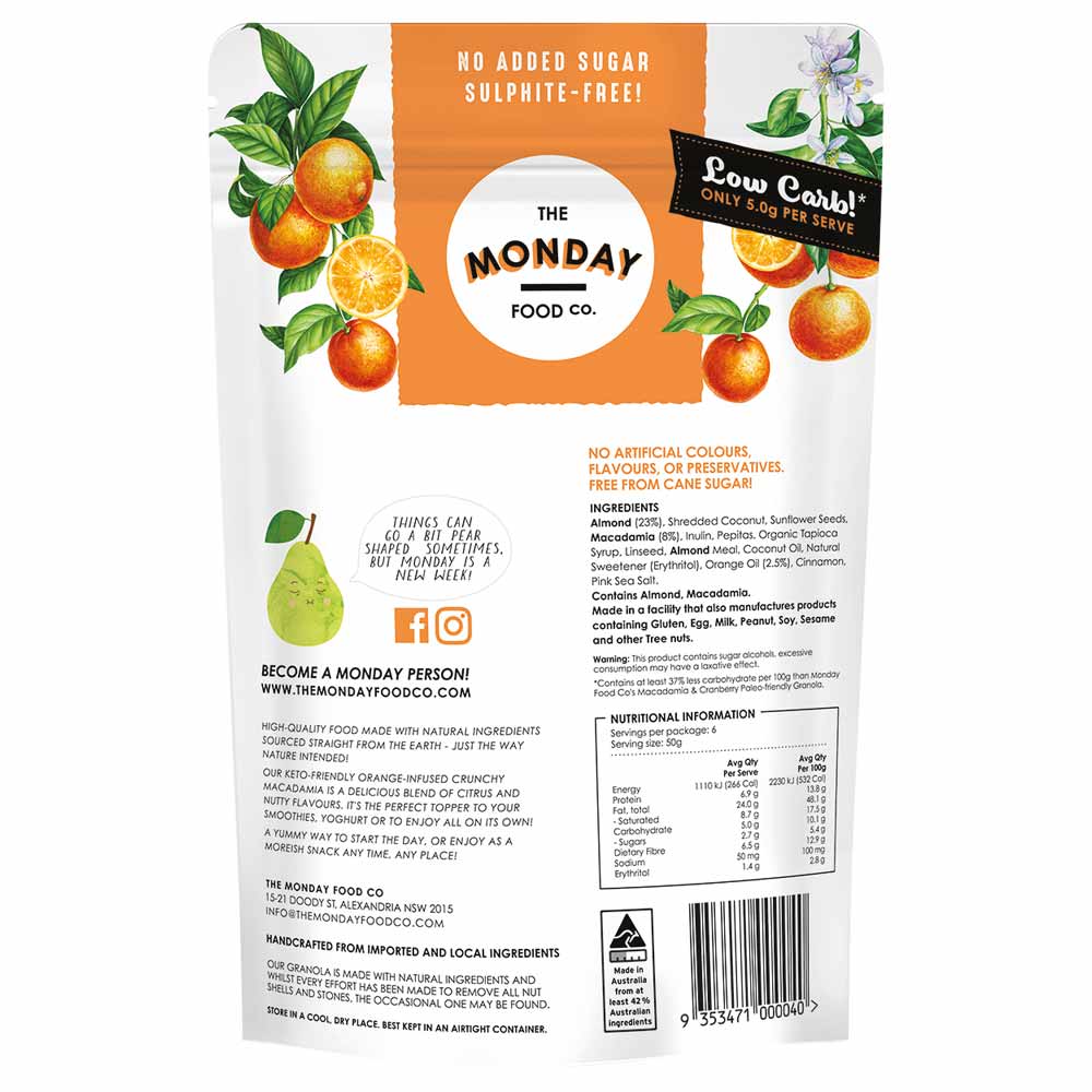 Back of a product packaging from The Monday Food Co. with orange slices and branding details.