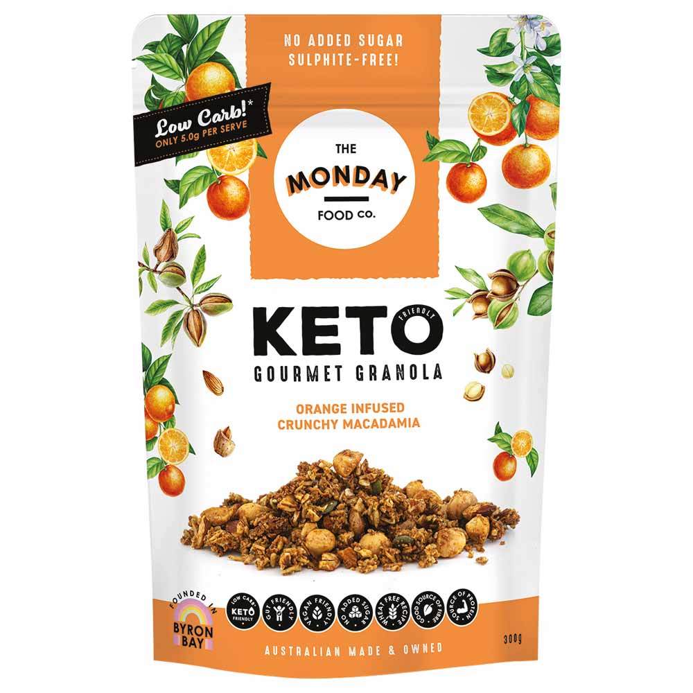 Keto gourmet granola package with orange and macadamia nut imagery on a white background
