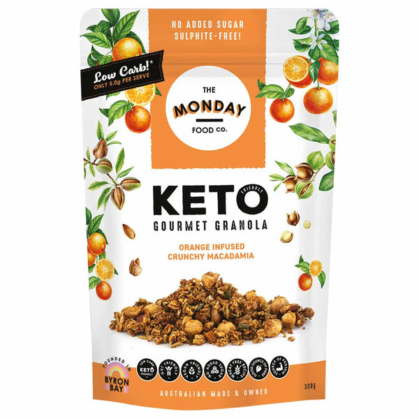 Keto gourmet granola package with orange and macadamia nut imagery on a white background
