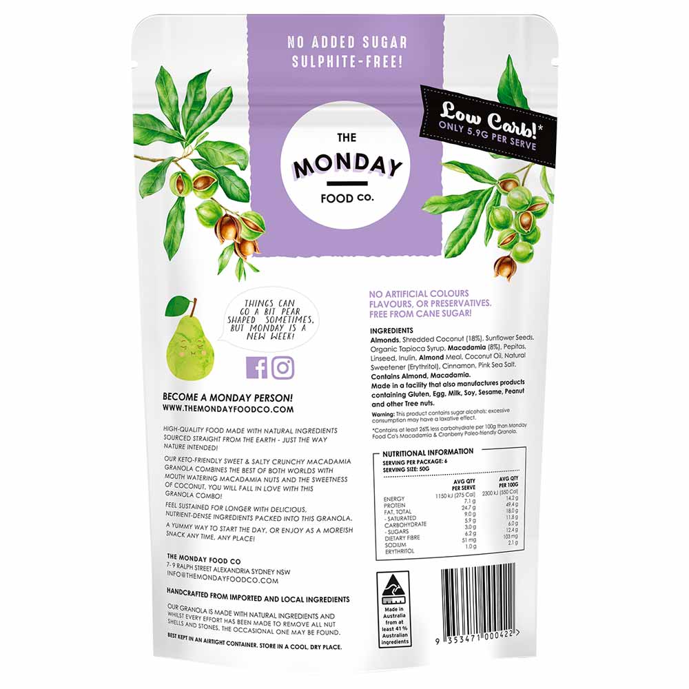 Back of a product packaging from The Monday Food Co. with branding and nutritional information.