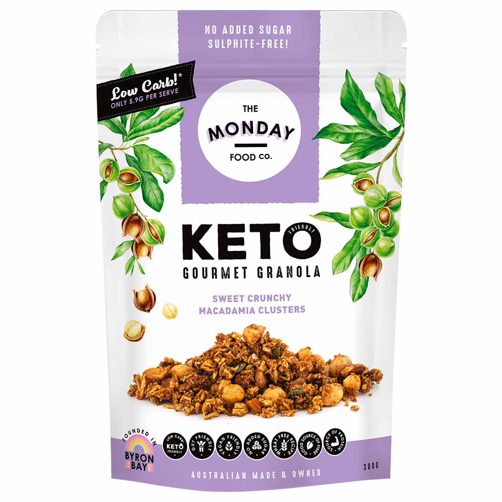 Keto gourmet granola package with macadamia clusters on a white background