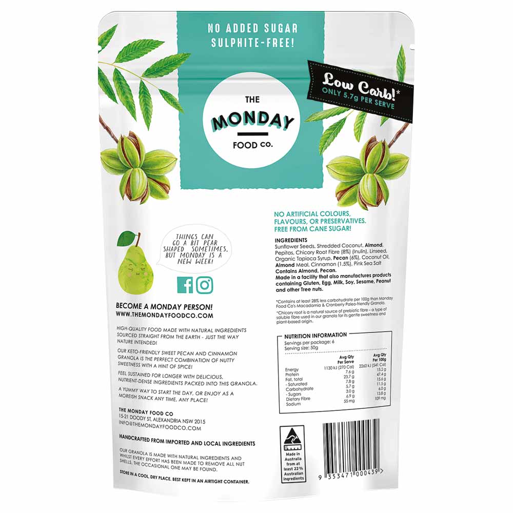 Back of a packaging for 'The Monday Food Co.' product with ingredients and nutrition information.