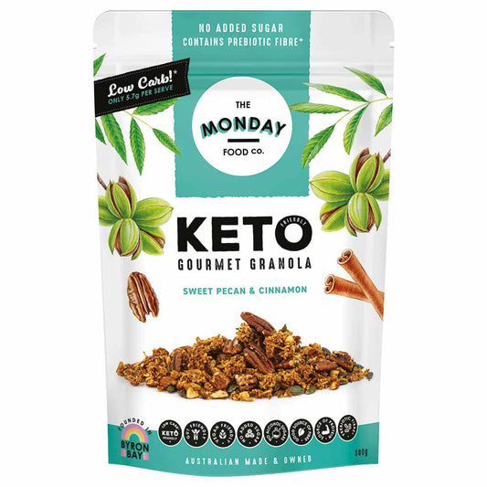 Keto gourmet granola package with pecans and cinnamon on a white background