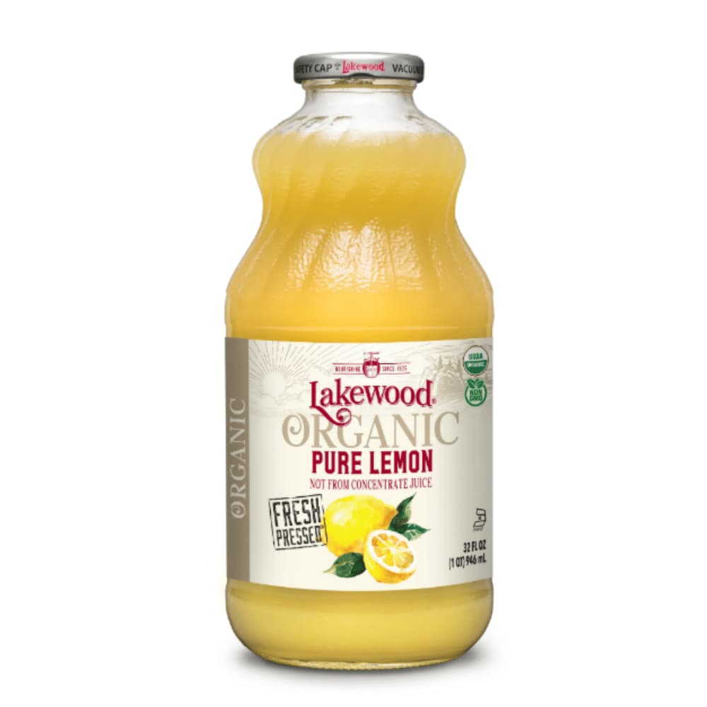 Bottle of Lakewood Organic Pure Lemon juice on a white background