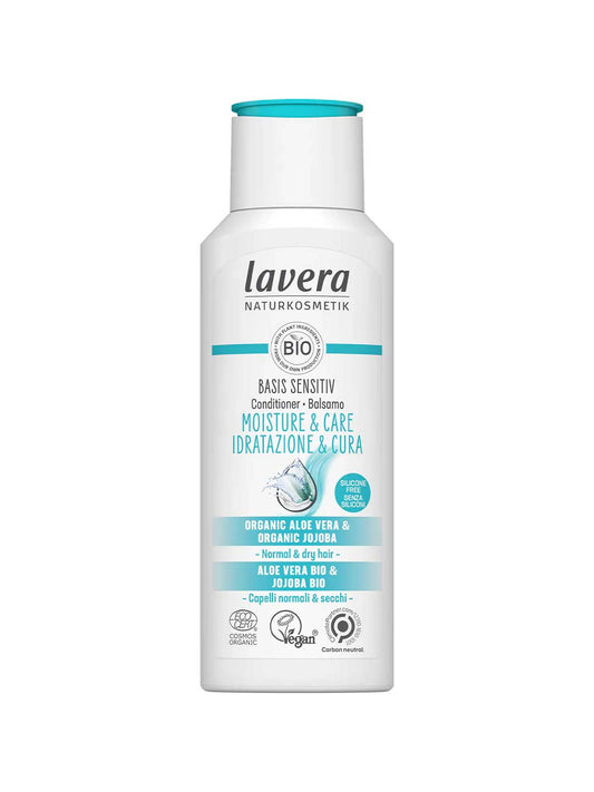 A white 200ml bottle of Lavera Basis Sensitiv Conditioner - Moisture & Care with a turquoise cap, formulated with organic aloe vera and jojoba for sensitive scalps and normal to dry hair.