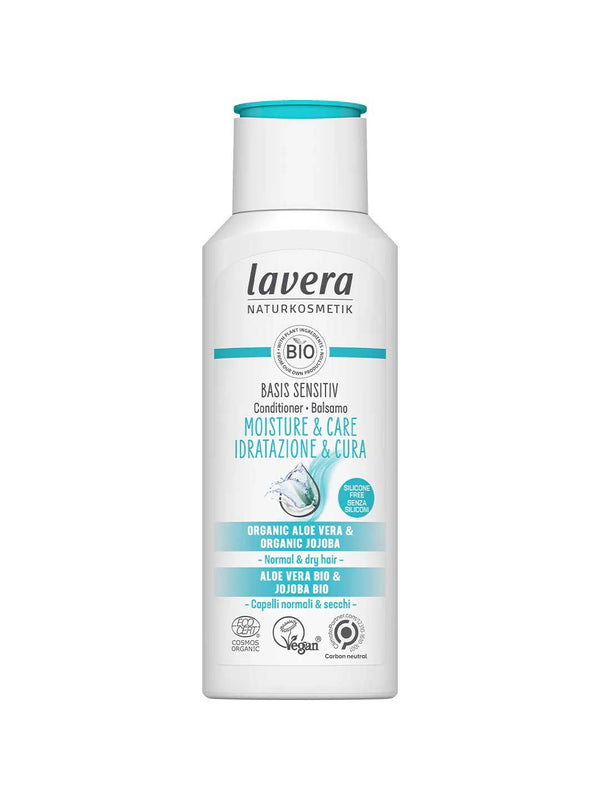 A white 200ml bottle of Lavera Basis Sensitiv Conditioner - Moisture & Care with a turquoise cap, formulated with organic aloe vera and jojoba for sensitive scalps and normal to dry hair.
