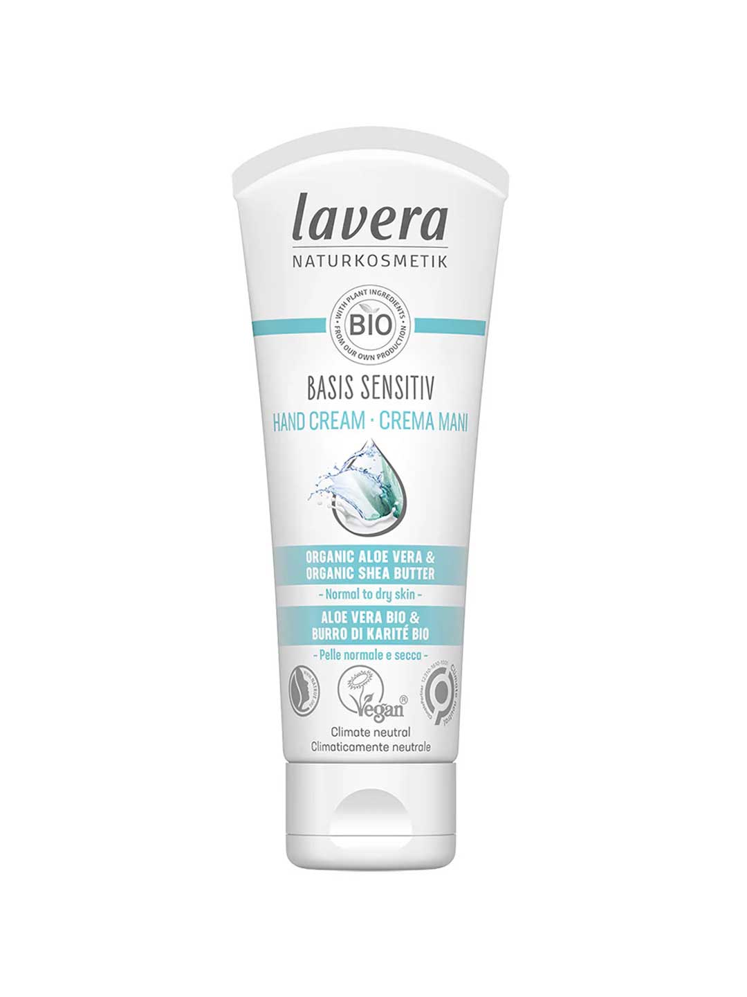 A 75ml tube of Lavera Basis Sensitiv Hand Cream in white with blue and green accents. The label shows it's an organic, vegan hand cream, ideal for normal to dry or sensitive skin.