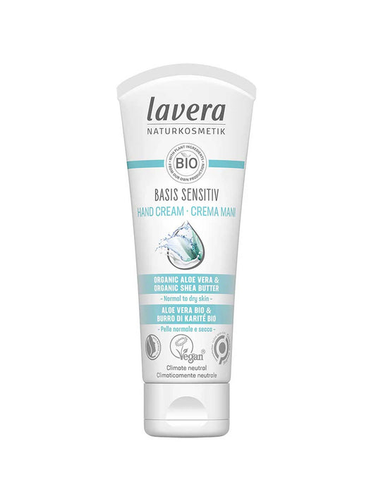 A 75ml tube of Lavera Basis Sensitiv Hand Cream in white with blue and green accents. The label shows it's an organic, vegan hand cream, ideal for normal to dry or sensitive skin.