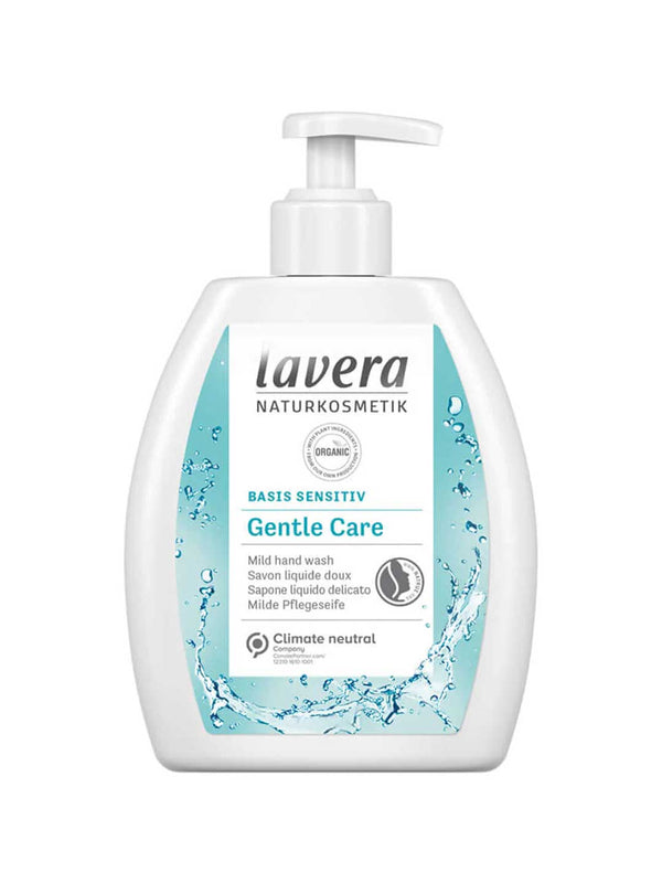A white bottle of Lavera Basis Mild Hand Wash 250ml with a pump dispenser, blue accents, water splash graphics, and organic aloe vera for sensitive skin on the label.