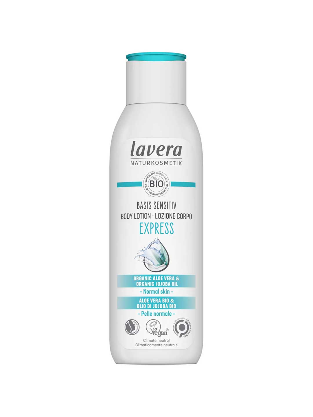 A white bottle of Lavera Basis Sensitiv Body Lotion Express 250ml for normal or sensitive skin, featuring organic aloe vera and jojoba oil on the label and a blue water splash graphic on the front.